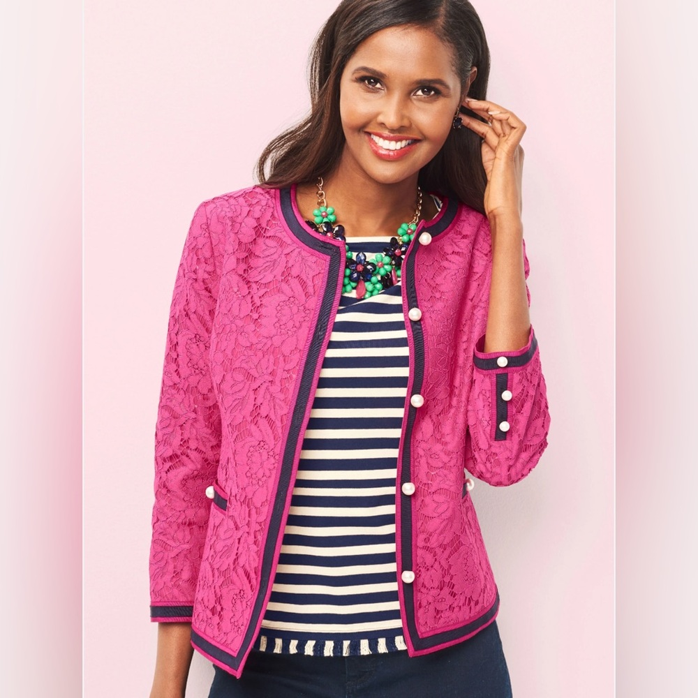 Talbots Barbie Pink Flower Lace Button Up Blazer Jacket